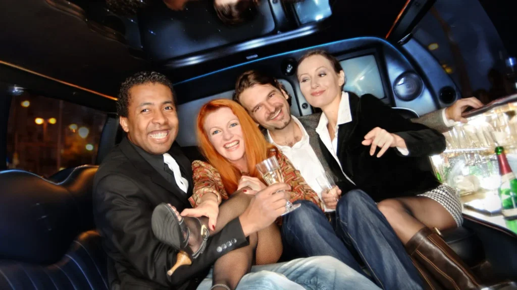 Group of friends dressed elegantly, celebrating and enjoying champagne inside a luxury limousine with a joyful and lively atmosphere.