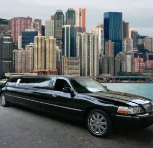 A sleek black stretch limousine parked by the waterfront with a dense skyline of tall, colorful city buildings in the background.