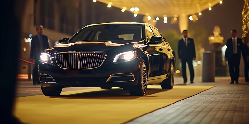 A luxury black town car with headlights on, parked on a yellow carpet outside a grand venue, with formally dressed chauffeurs and staff in the background.