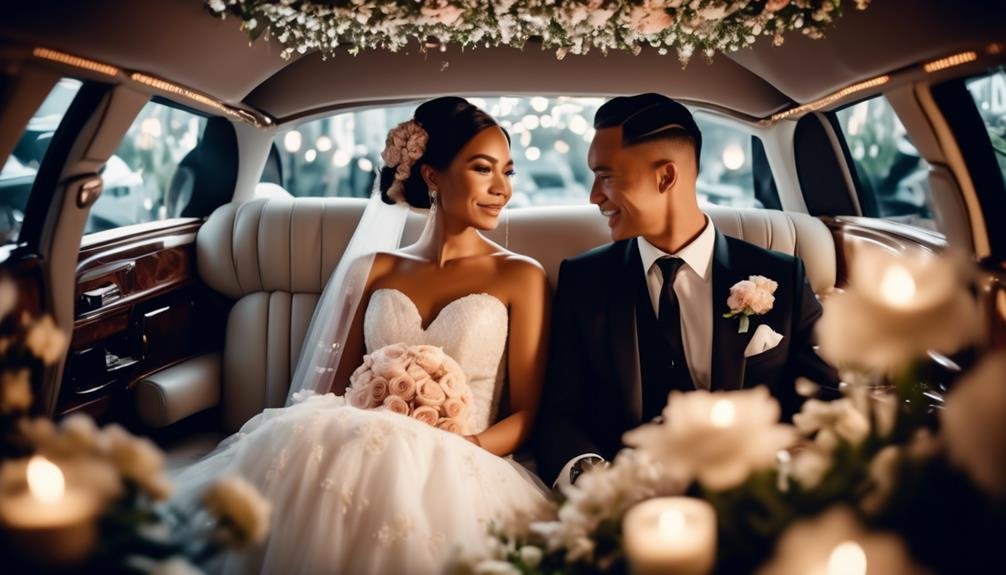 Bride and groom sitting inside a beautifully decorated luxury limousine, gazing at each other with joy and elegance, surrounded by floral arrangements and soft lighting.