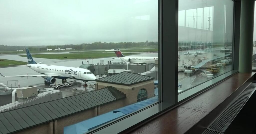 View from airport terminal showing JetBlue and Delta planes parked at gates on a rainy day.