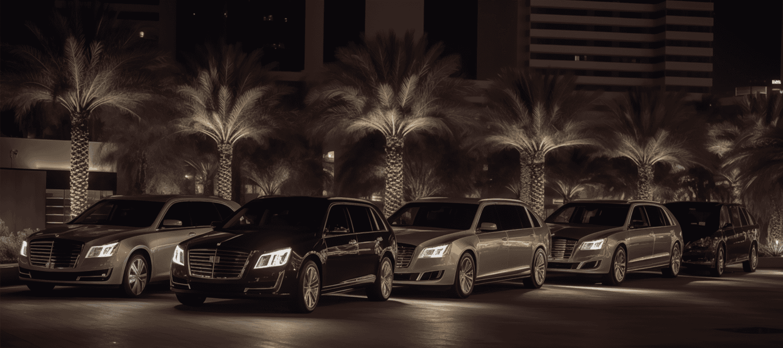 Fleet of luxury cars elegantly lined up under illuminated palm trees in a cityscape at night.