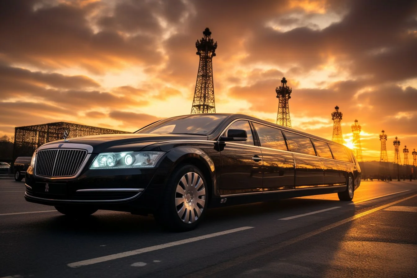 Luxurious black stretch limousine parked on a scenic avenue during a stunning sunset, with elegant towers silhouetted against the vibrant sky.