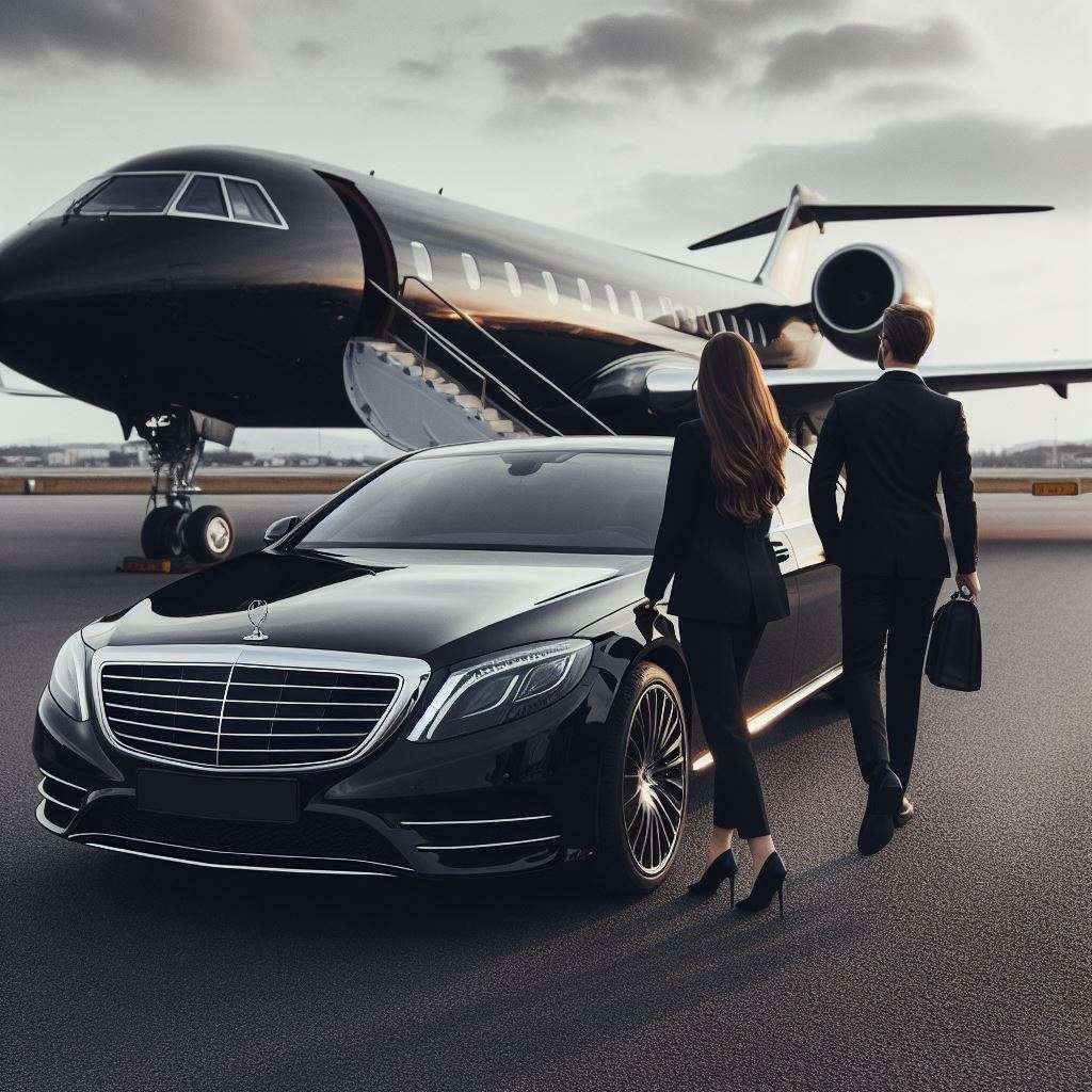 Luxury black Mercedes-Benz with private jet, executive duo walking towards aircraft—premium corporate travel service.