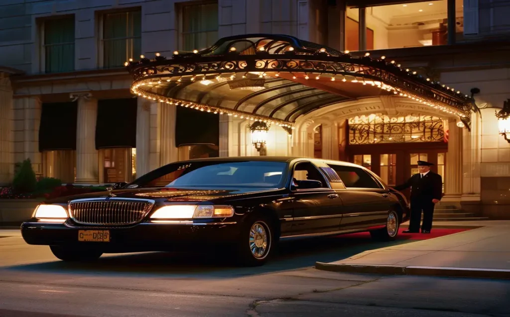 10 Most Romantic Venues For This Wedding Season in New York 24 Chauffeured limousine parked outside a luxury hotel entrance in New York, promoting transportation services for weddings.