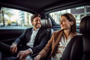 ailored Experiences – A stylishly dressed man and woman smiling and enjoying a comfortable ride in the backseat of a luxury car, with city views visible through the windows.