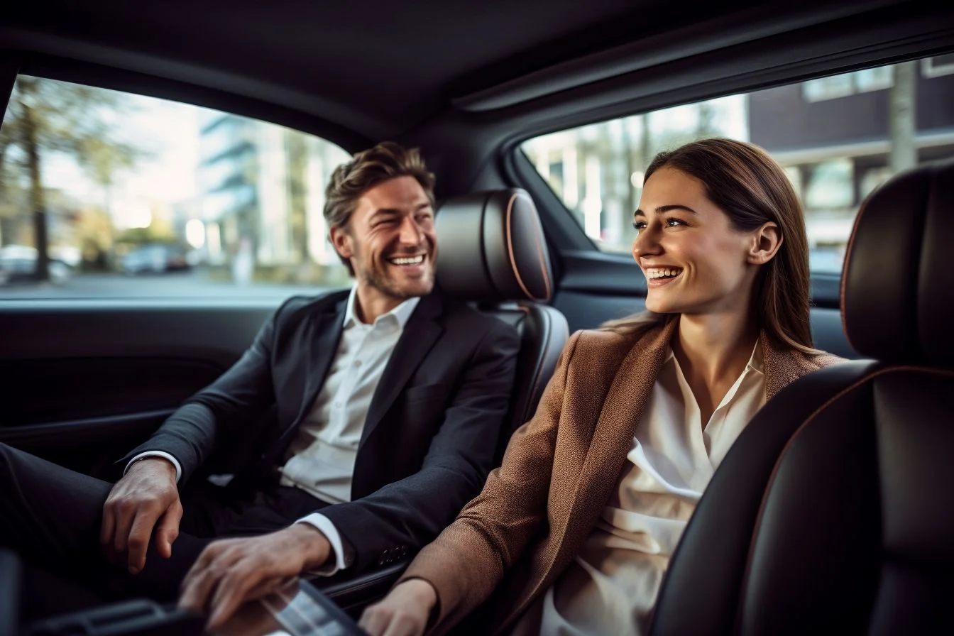 ailored Experiences – A stylishly dressed man and woman smiling and enjoying a comfortable ride in the backseat of a luxury car, with city views visible through the windows.