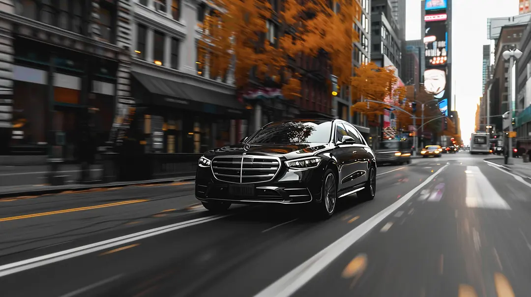 Black luxury sedan driving fast through a city street lined with tall buildings and autumn trees.