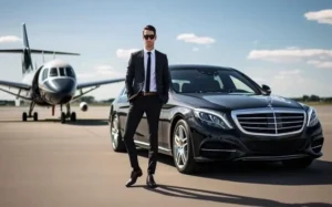 Professional chauffeur in a suit standing beside a luxury black Mercedes sedan on an airport tarmac, with a private jet in the background, representing VIP airport transfer services.