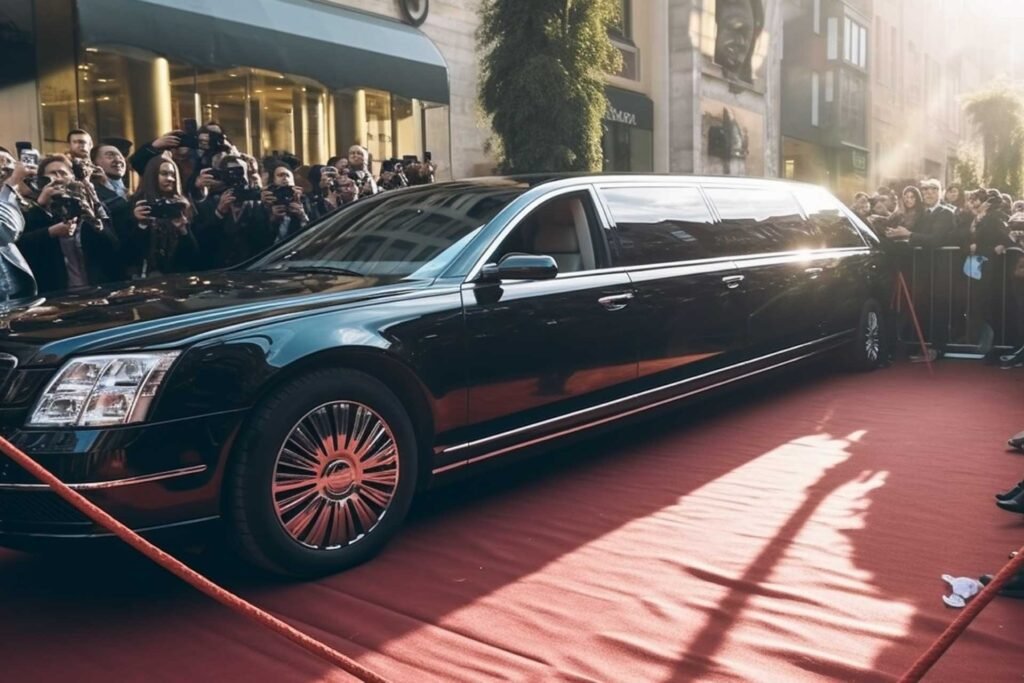 Black stretch limousine arrives on a red carpet surrounded by a crowd and photographers during a high-profile event.