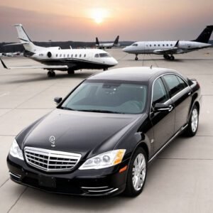 A black Mercedes-Benz parked on an airport tarmac with two private jets in the background during sunset.