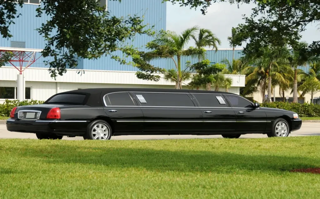 10 Awesome Ways to Save Money on Limo Transportation in NYC 34 Black stretch limousine parked near palm trees and a modern building, exuding luxury and elegance in a tropical setting.