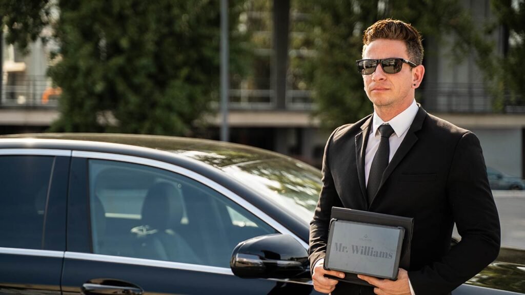 Chauffeur in a black suit holding a sign that reads "Mr. Williams," standing next to a luxury black car, ready for pickup.