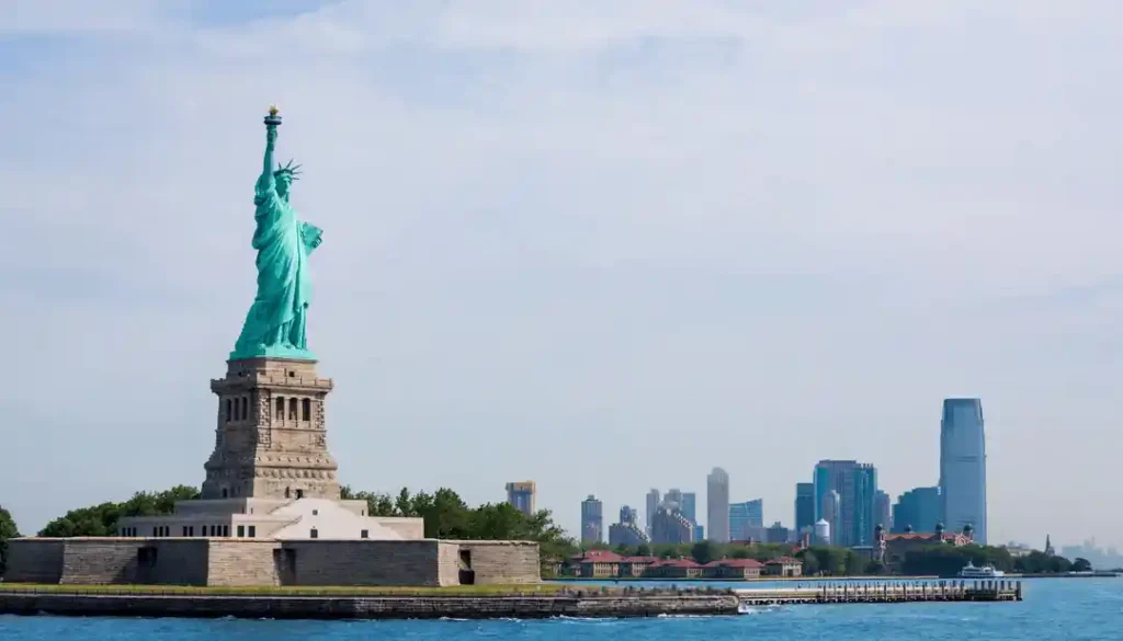 The Statue of Liberty standing tall on Liberty Island, with the skyline of Jersey City visible across the water under a clear sky.