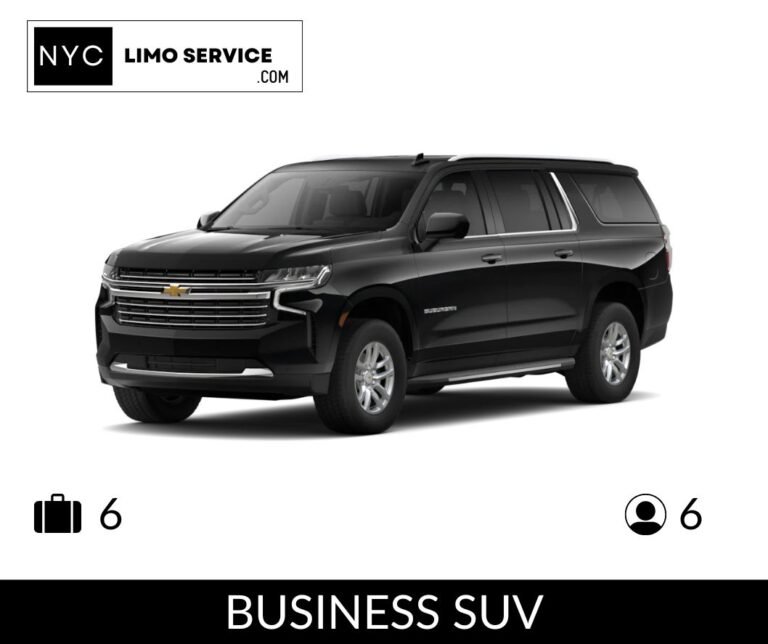 Black Chevrolet Suburban business SUV from NYC Limo Service, seats 6 passengers with space for 6 suitcases, white background.
