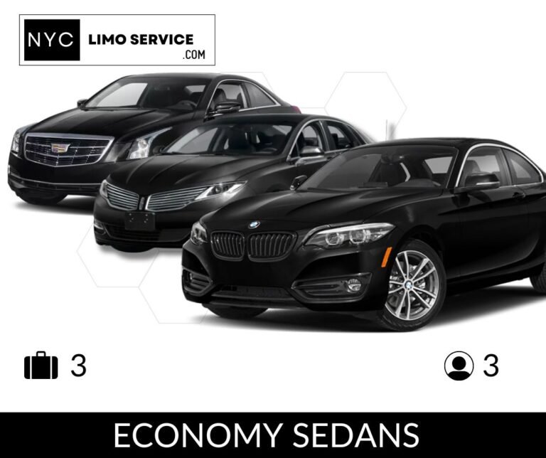 NYC Limo Service - Economy Sedans. Black Cadillac, Lincoln, and BMW sedans, accommodating 3 passengers and 3 bags