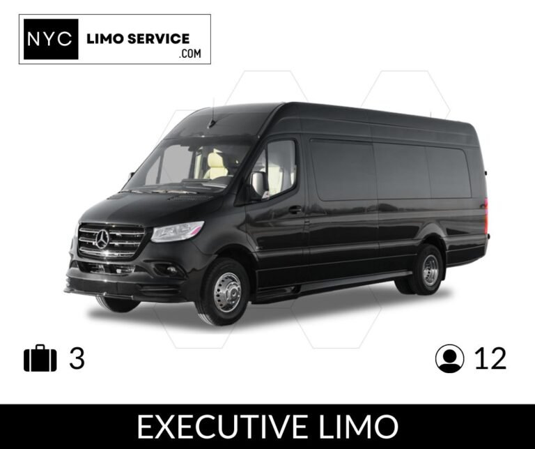 Black Mercedes-Benz executive limo van from NYC Limo Service, seats 12 passengers with space for 3 bags, luxury interior style.