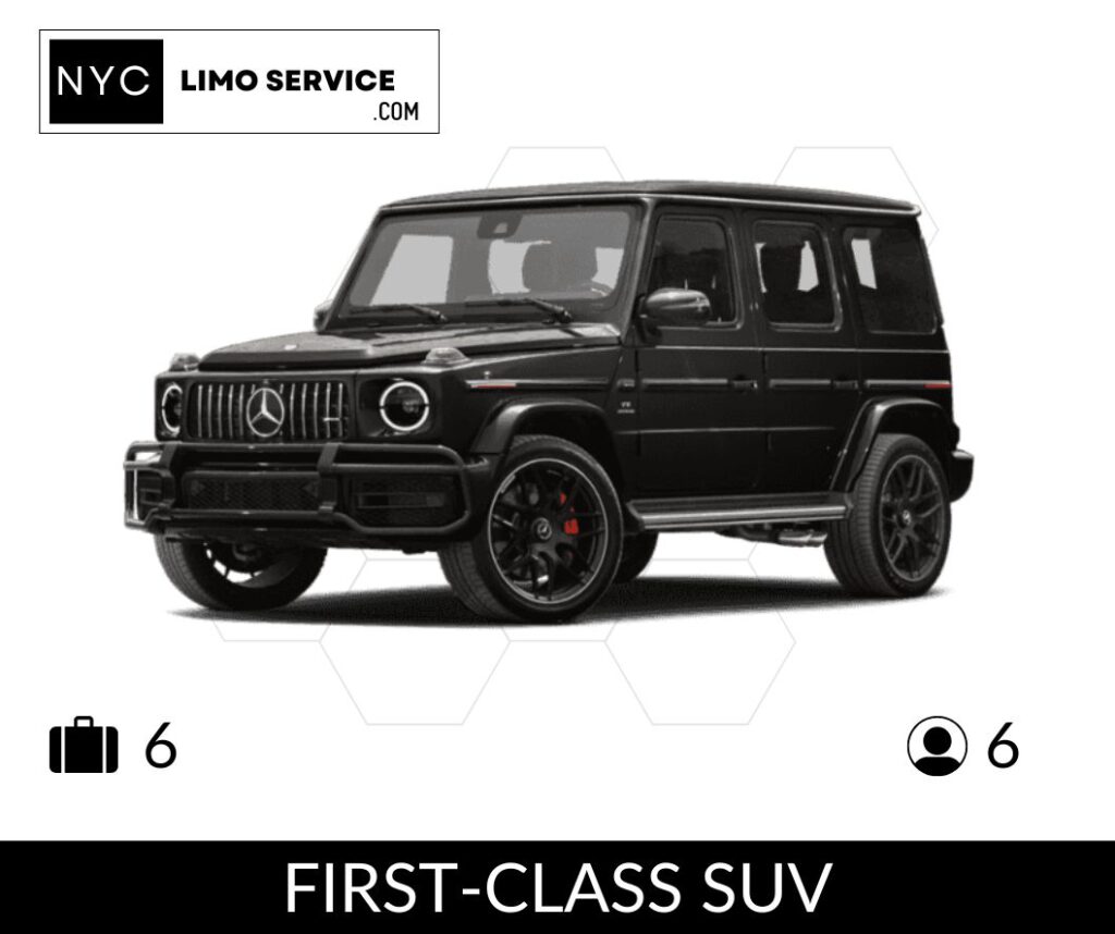 Black Mercedes-Benz G-Class first-class SUV from NYC Limo Service, seats 6 passengers with room for 6 suitcases, white background.