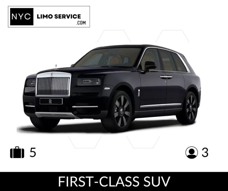 Black Rolls-Royce first-class SUV from NYC Limo Service, seats 3 passengers with room for 5 suitcases, on white background.