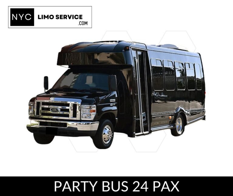 Black 24-passenger party bus from NYC Limo Service, offering a compact yet stylish option for group travel and celebrations.