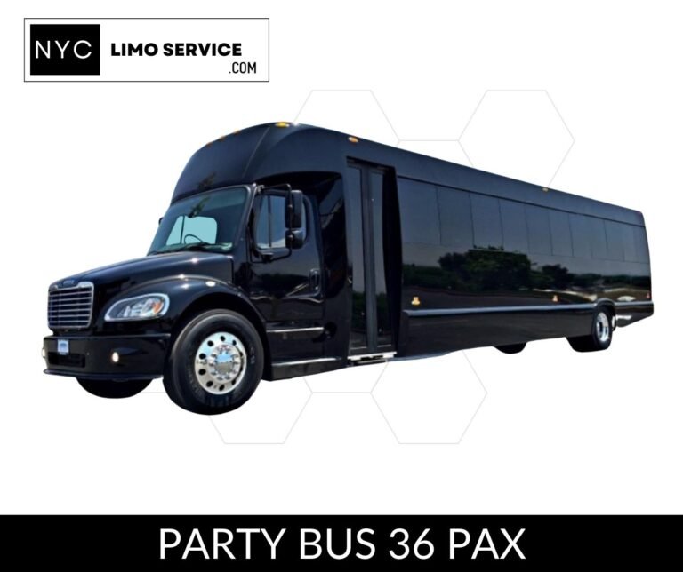 Sleek black 36-passenger party bus from NYC Limo Service, featuring a modern design ideal for group transportation.