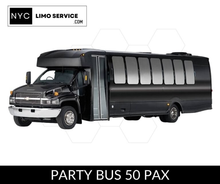 Black party bus from NYC Limo Service with a 50-passenger capacity, offering a sleek design and spacious interior.