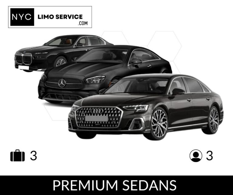 Black luxury sedans (Audi, Mercedes-Benz, BMW) from NYC Limo Service, seating 3 passengers with space for 3 suitcases, white background.