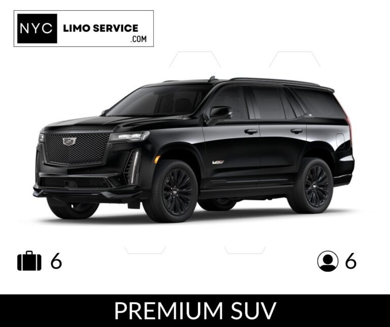 Black premium SUV from NYC Limo Service, seating 6 passengers with space for 6 suitcases, shown on a white background.