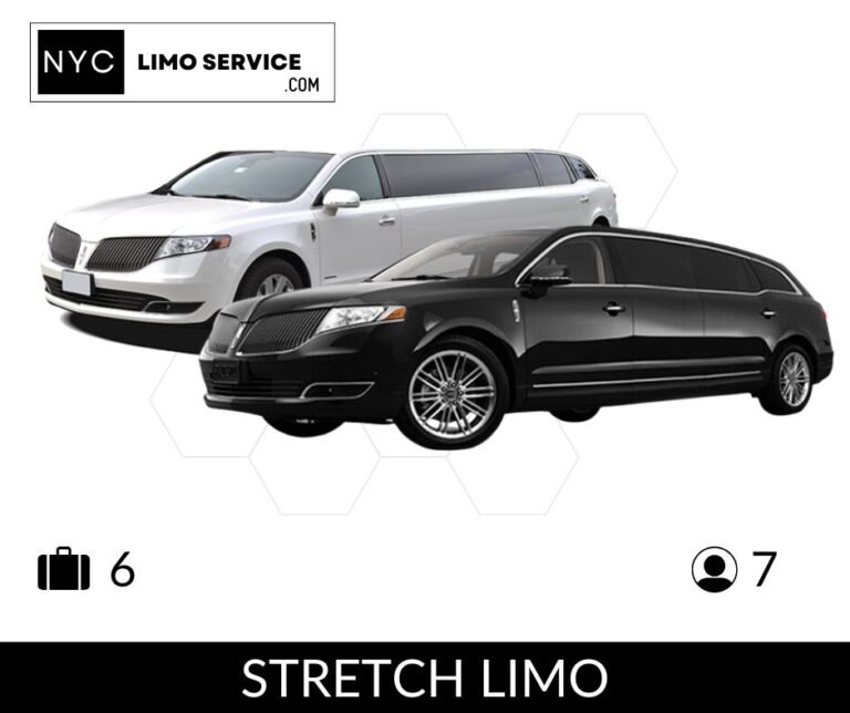 Professional stretch limousine car service with chauffeur, ready for client pickup.