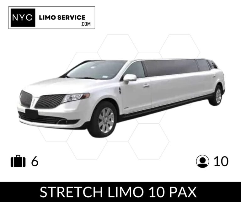 White stretch limo from NYC Limo Service, seating 10 passengers with space for 6 suitcases, shown on a white background.