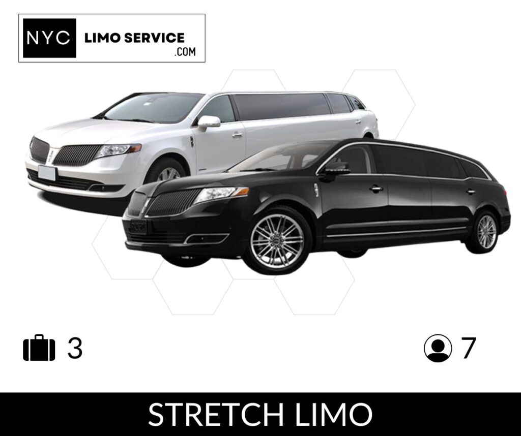 Black and white stretch limos from NYC Limo Service, designed for 7 passengers and 3 bags, displayed on white background.