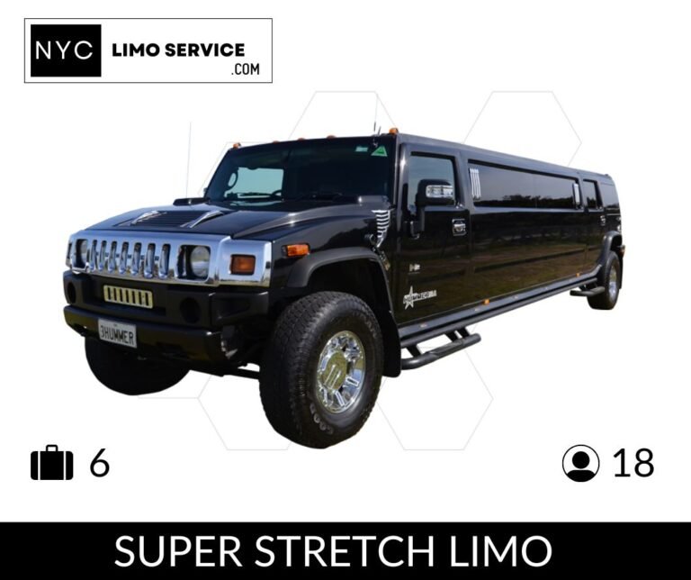 Black Hummer super stretch limo from NYC Limo Service, seats 18 passengers and holds 6 bags, showcased on white background.
