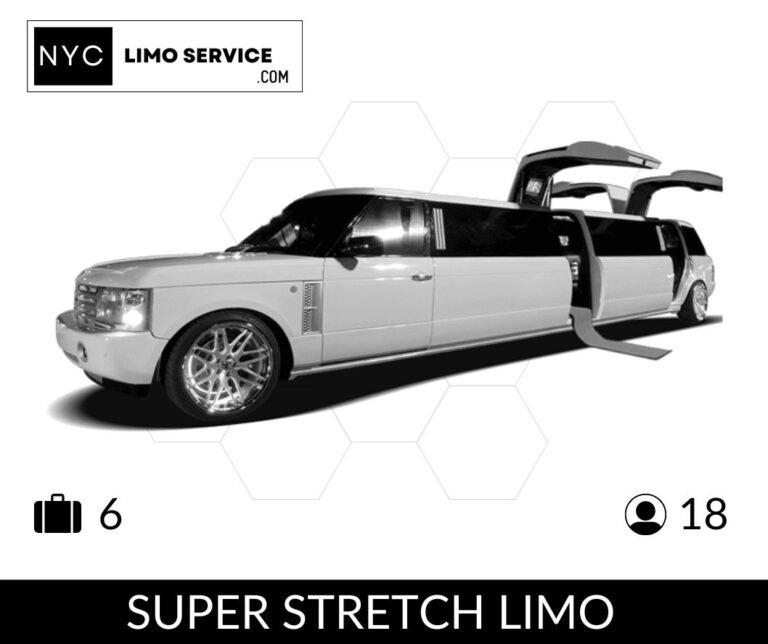 A black and white image of a super stretch limousine with a sleek design, showing luxury and style.