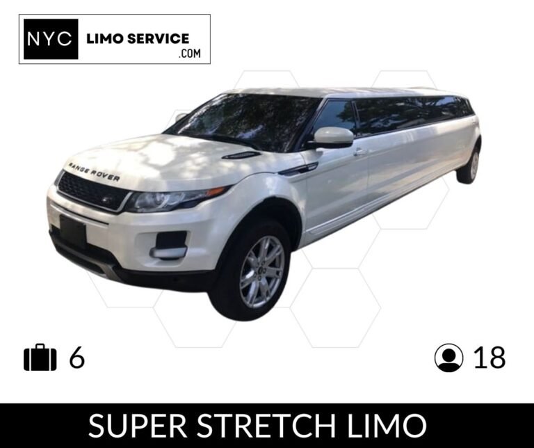 White Range Rover super stretch limo from NYC Limo Service, seats 18 passengers and holds 6 bags, luxury ride experience.