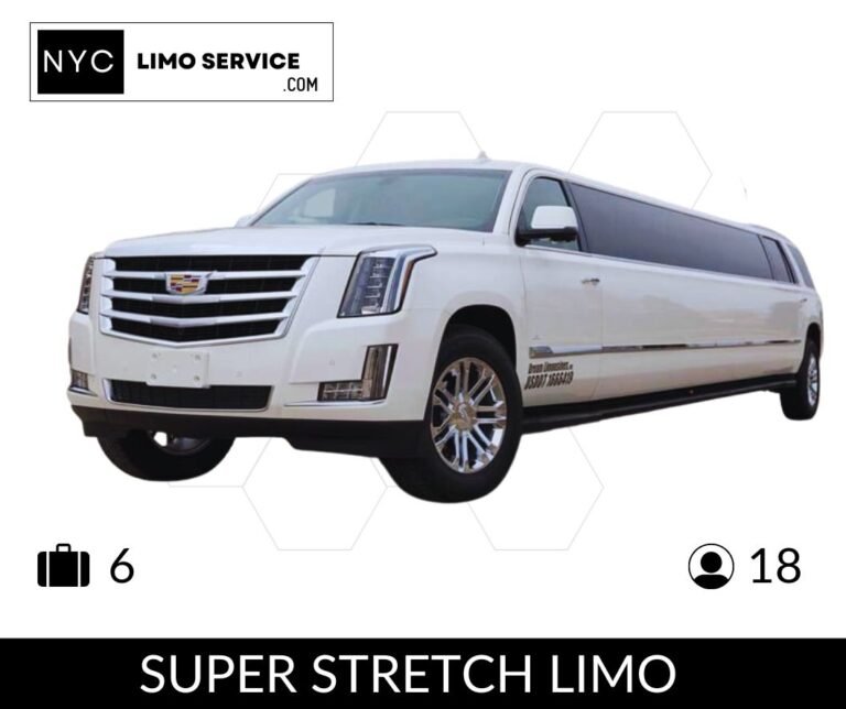 White Cadillac super stretch limo from NYC Limo Service, accommodates 18 passengers with luggage space for 6, luxury vehicle.
