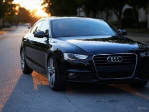 Sleek black Audi A5 driving on a scenic road with green fields and rolling hills in the background.