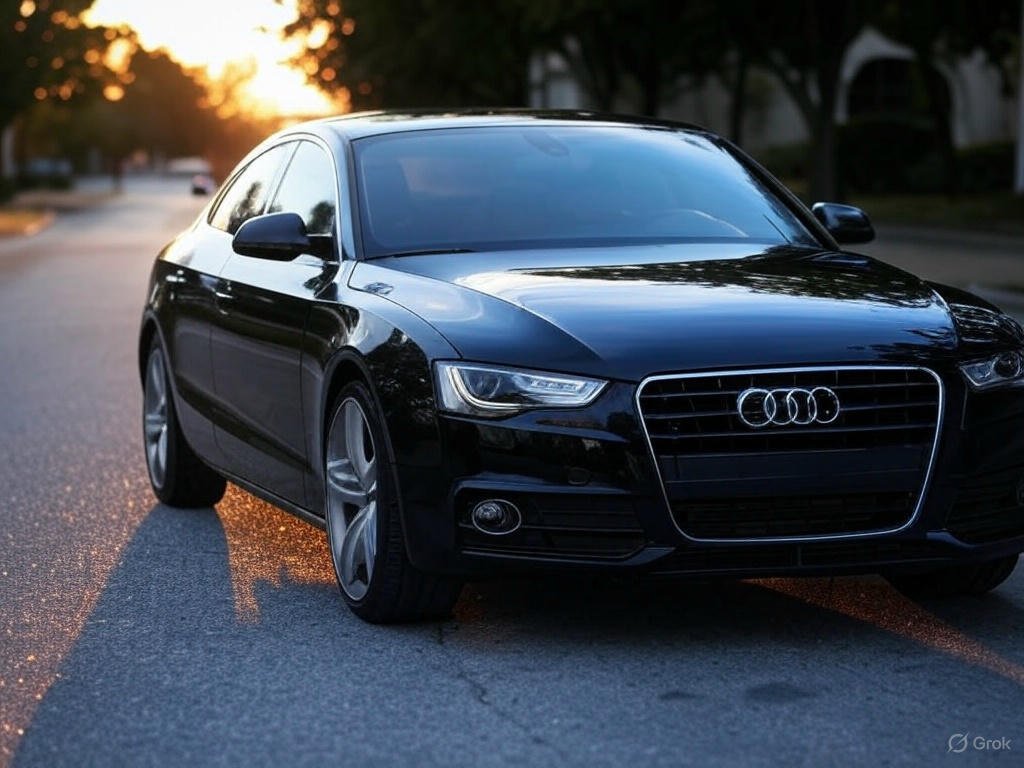 New York Airport Car Service: Smooth Transfers to and from JFK, LGA, and EWR 2 Sleek black Audi A5 driving on a scenic road with green fields and rolling hills in the background.
