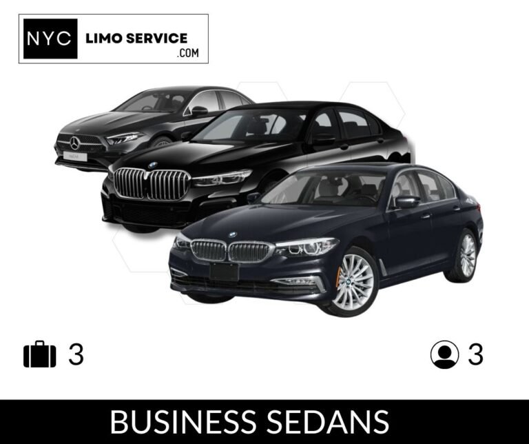 NYC Limo Service - Business Sedans. Black Mercedes and BMW sedans, fitting 3 passengers and 3 bags comfortably.