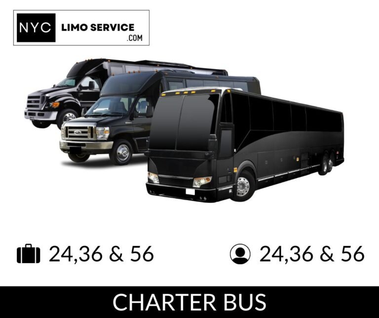 Black charter buses of various sizes from NYC Limo Service, available in 24, 36, and 56 passenger and luggage capacities.
