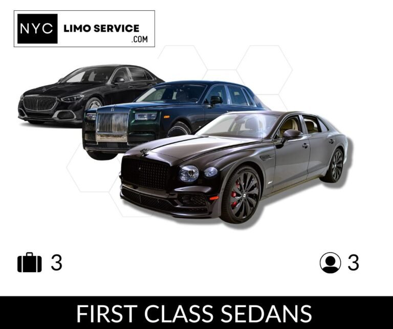 Luxury sedans including Bentley, Rolls-Royce, and Maybach for NYC Limo Service, seating 3 passengers with 3 luggage capacity.