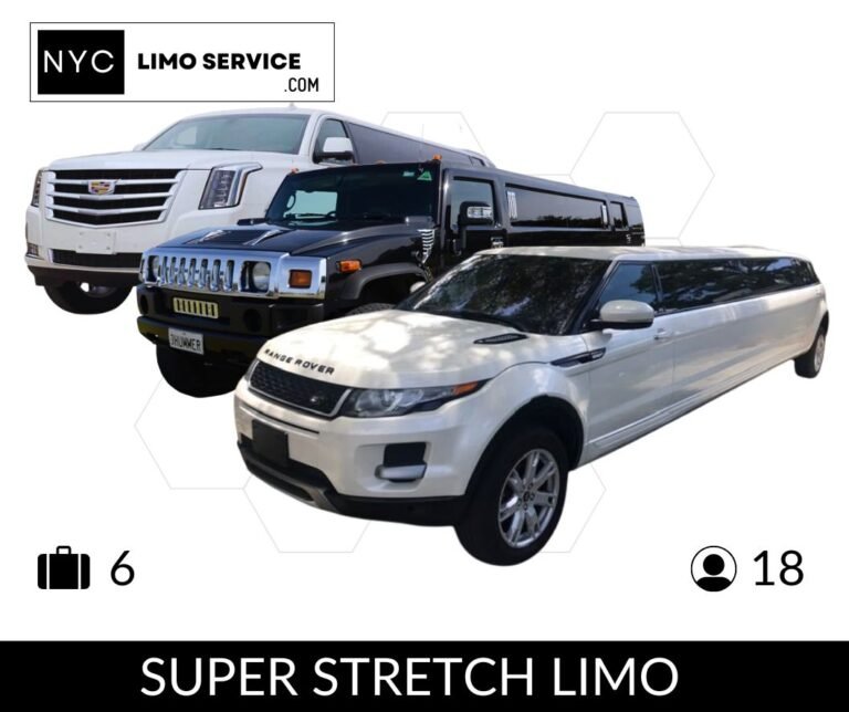 Three super stretch limos—Cadillac, Hummer, and Range Rover—from NYC Limo Service, fit 18 people and 6 bags, on white background.